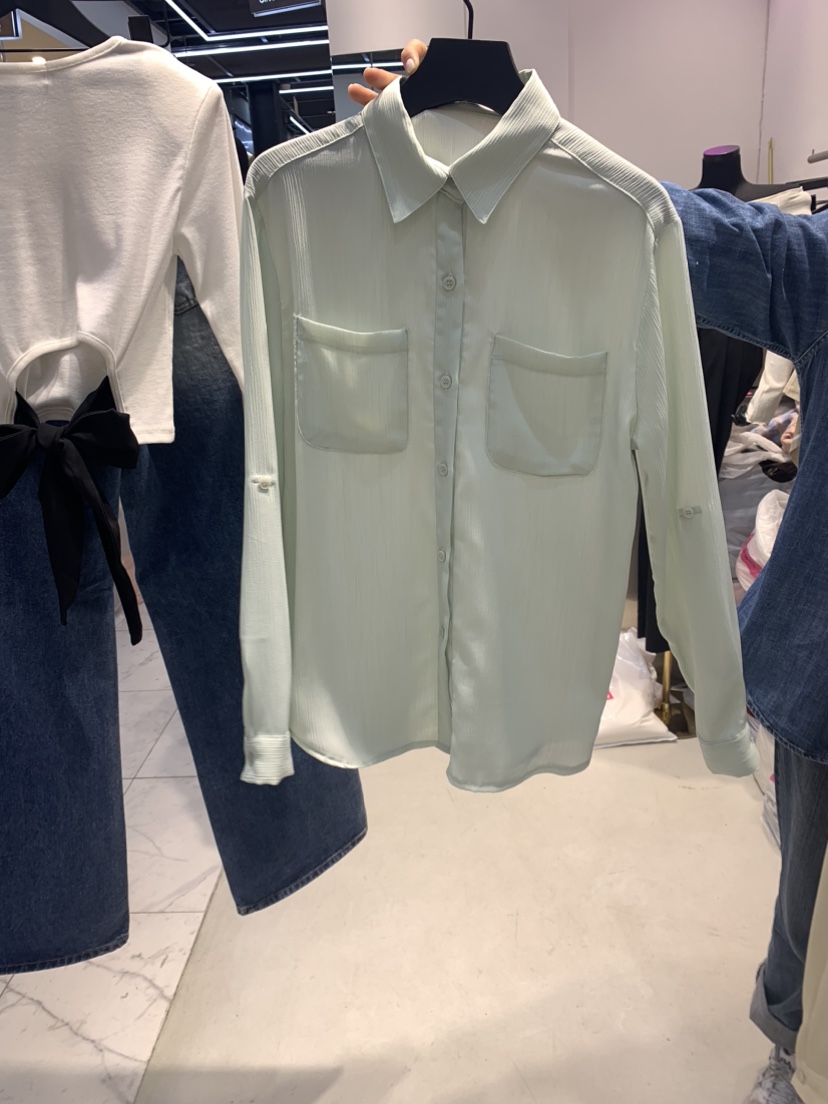 SINGLE LADY韓國直郵女裝新款休閑熱賣24春夏襯衫蕾絲衫WASHBLUE襯衫/蕾絲衫