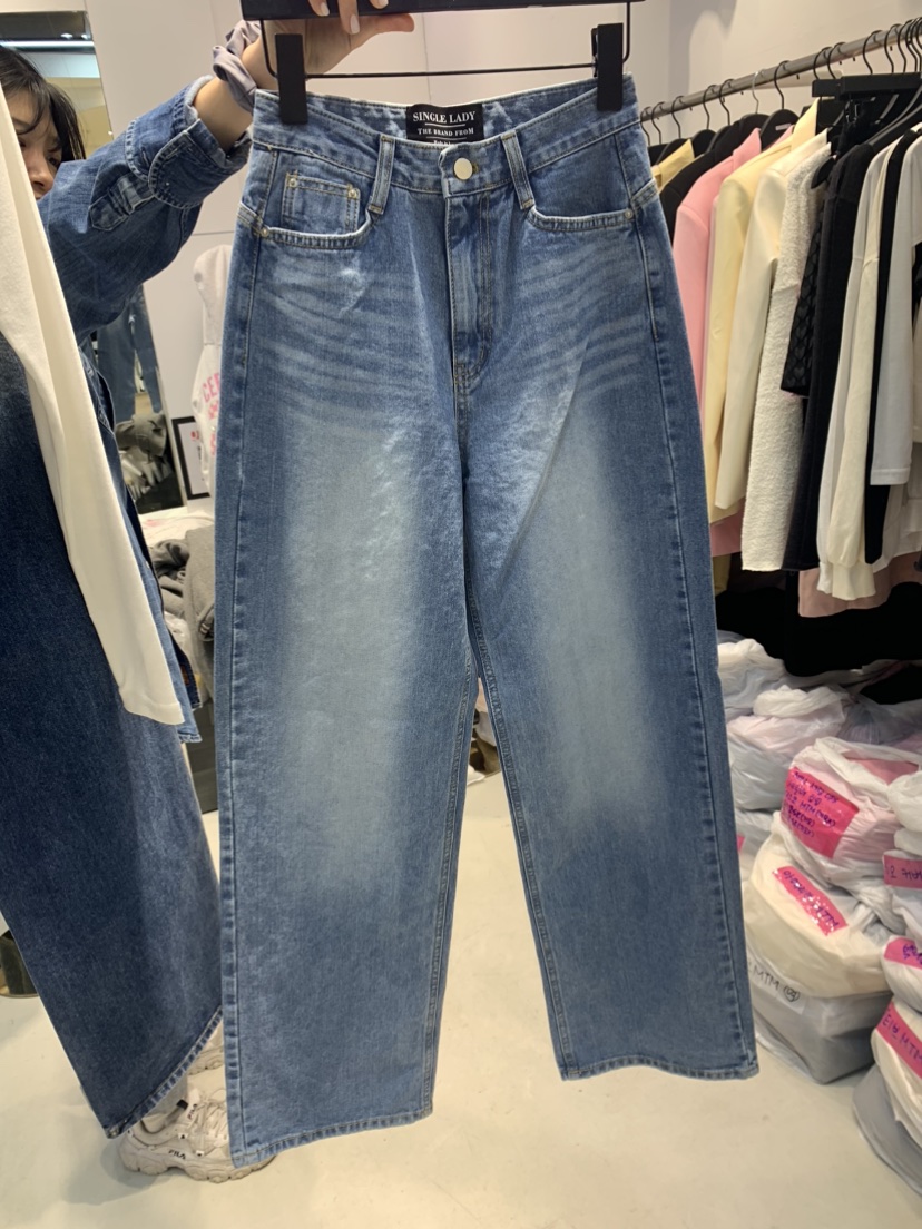 SINGLE LADY韓國直郵女裝新品人氣24春夏熱賣牛仔褲褶皺WASHBLUE牛仔褲