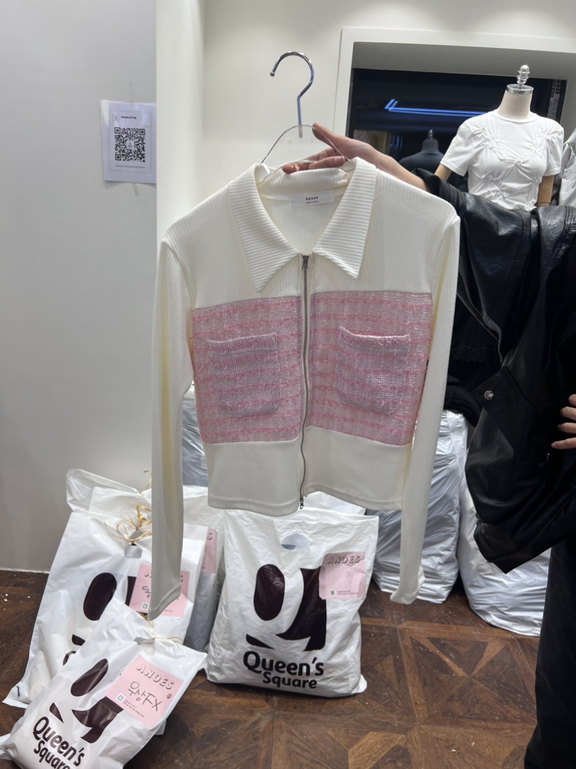 ANOES韓國直郵東大門實拍女裝新品真品時尚長袖T恤粗花呢拉鏈ANOES長袖T恤
