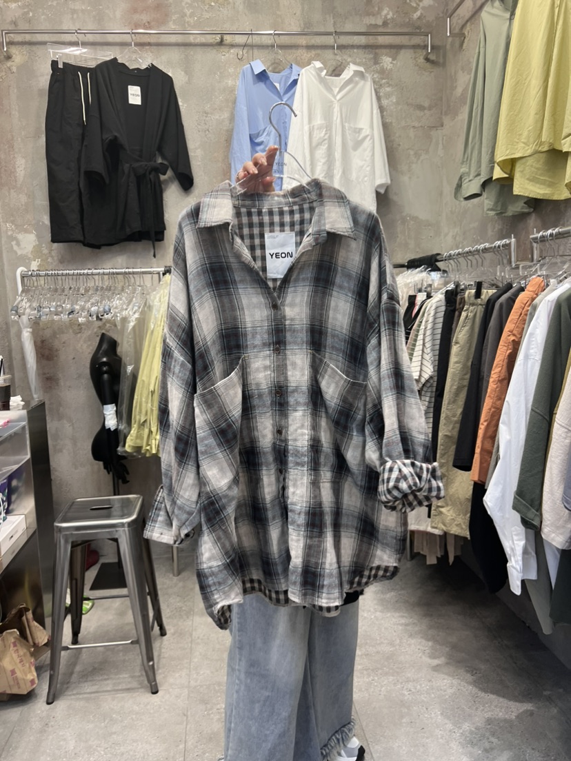 YEON韓國直郵東大門代購女士新品人氣24春夏襯衫蕾絲衫格子YEON襯衫/蕾絲衫圖色1