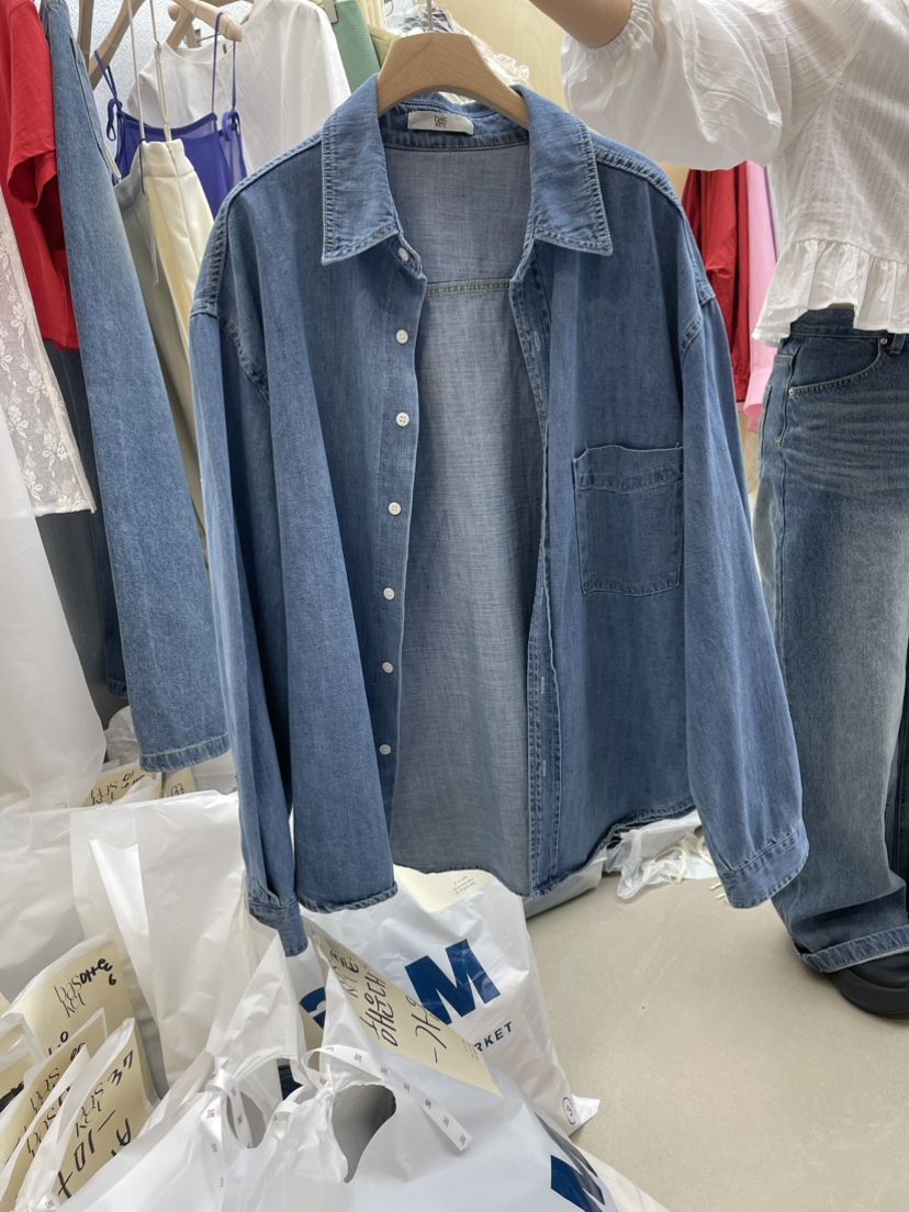BASKET直郵韓國代購女裝新品推薦真品24春夏襯衫蕾絲衫牛仔布BASKET襯衫/蕾絲衫