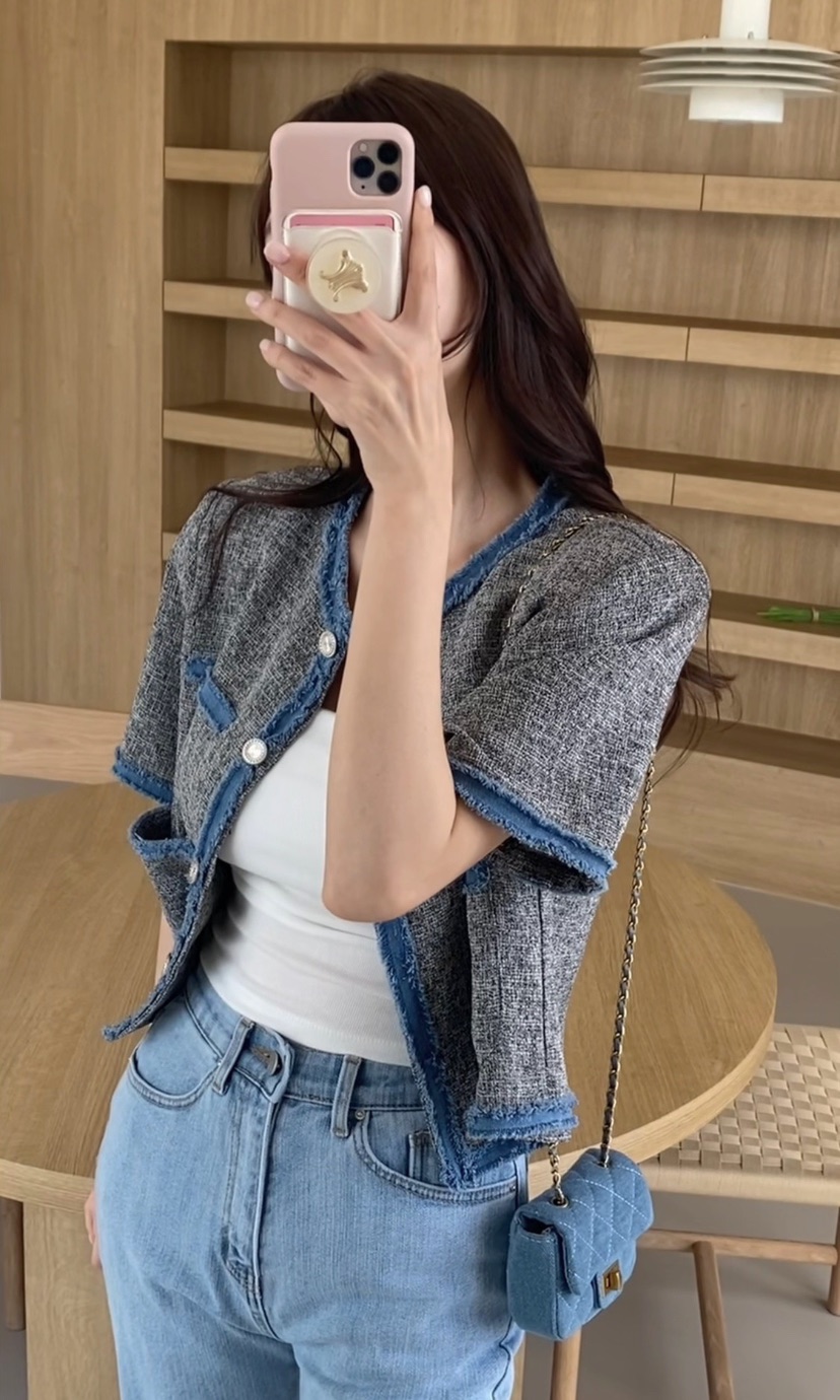 N BROWN直郵韓國代購女裝新款休閑職業24春夏夾克粗花呢N BROWN夾克