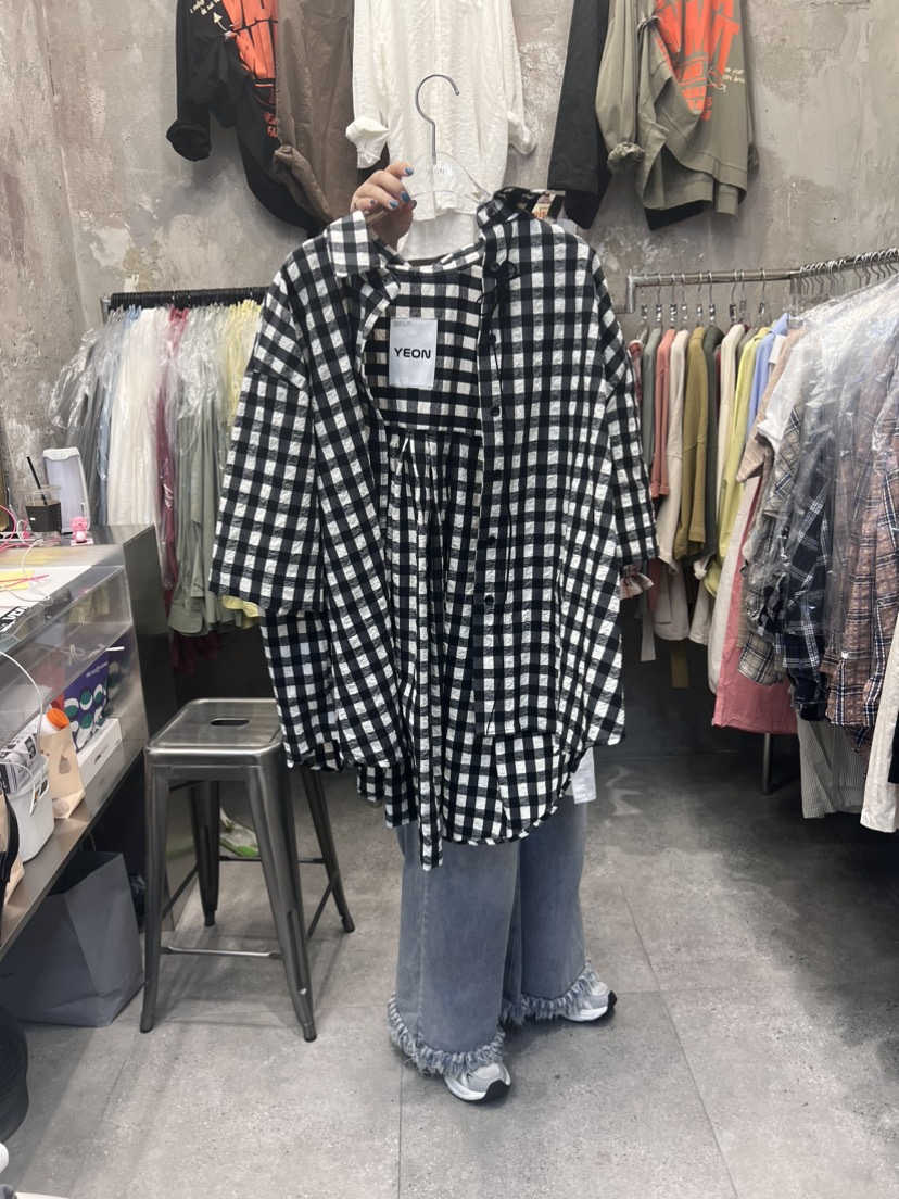 YEON-男女裝韓國直郵女裝新品熱賣休閑襯衫蕾絲衫格子褶皺YEON襯衫/蕾絲衫