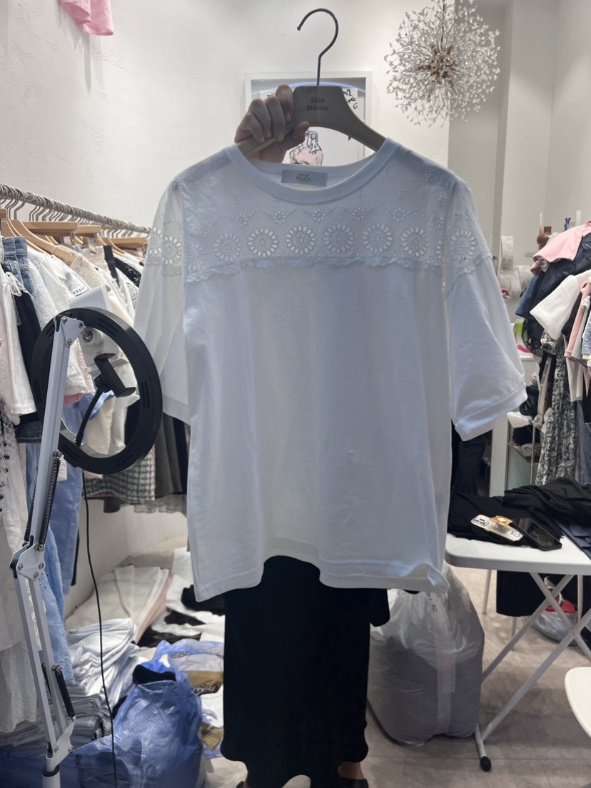 ABLE STUDIO直郵韓國代購女士新品真品時尚熱賣24春夏T恤蕾絲TERAIST恤圖色2