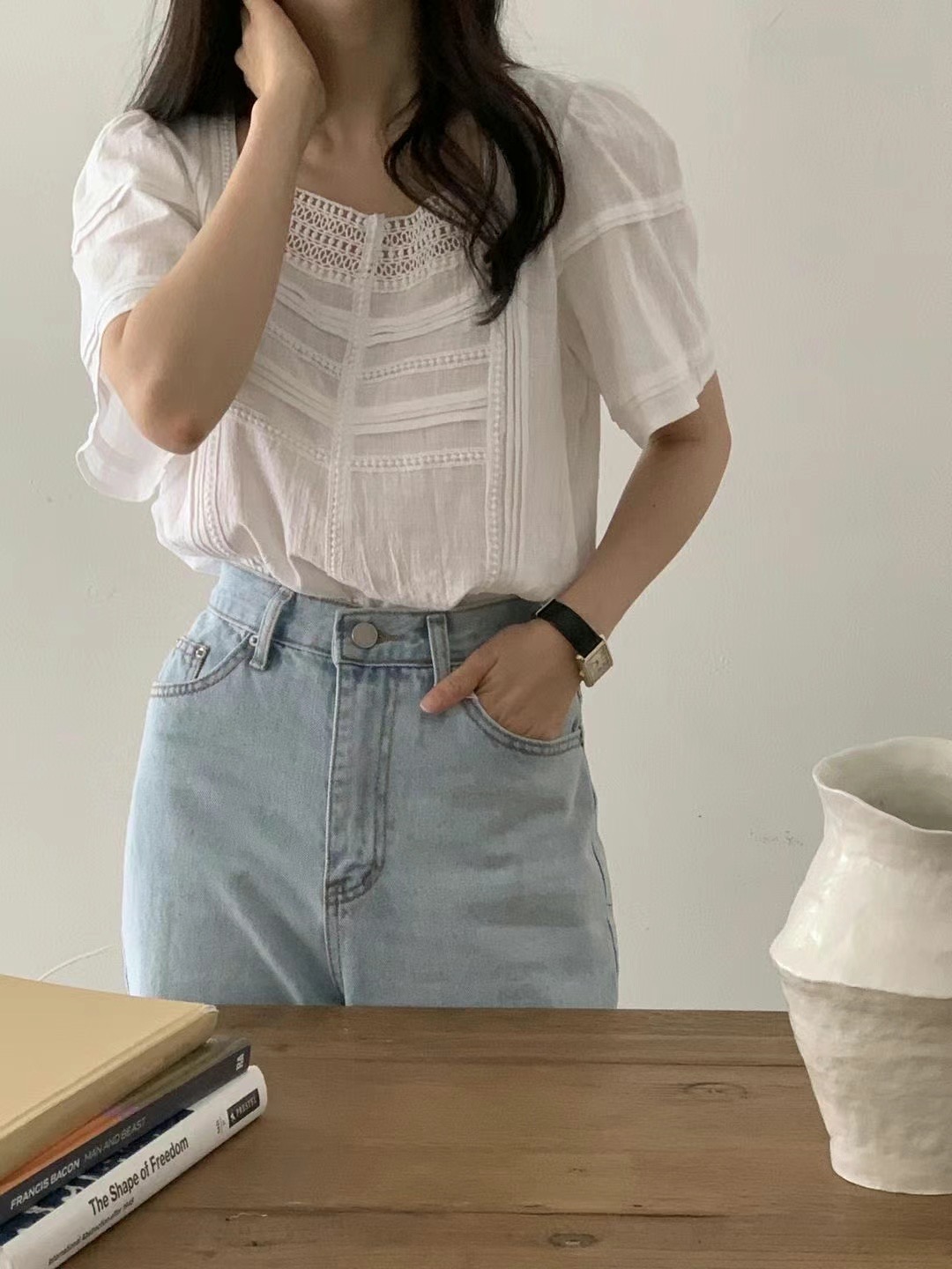 VINE直郵韓國代購女裝新品熱賣24春夏人氣時尚襯衫蕾絲衫VINE襯衫/蕾絲衫
