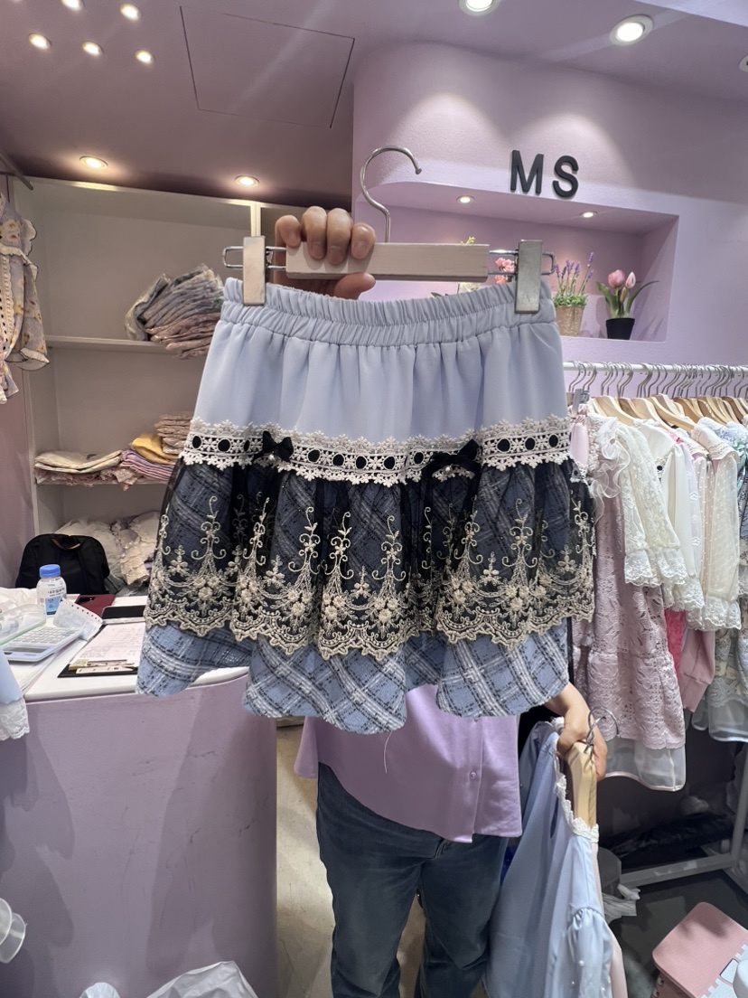 MS韓國直郵女裝新品休閑人氣時尚真品推薦熱賣短裙格紋蕾絲MS短裙