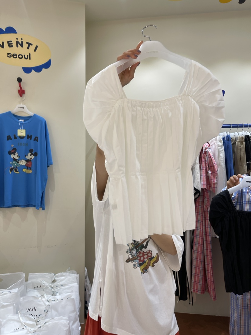 Venti韓國直郵女裝新品24春夏時尚職業休閑襯衫蕾絲衫褶皺VENTI襯衫/蕾絲衫