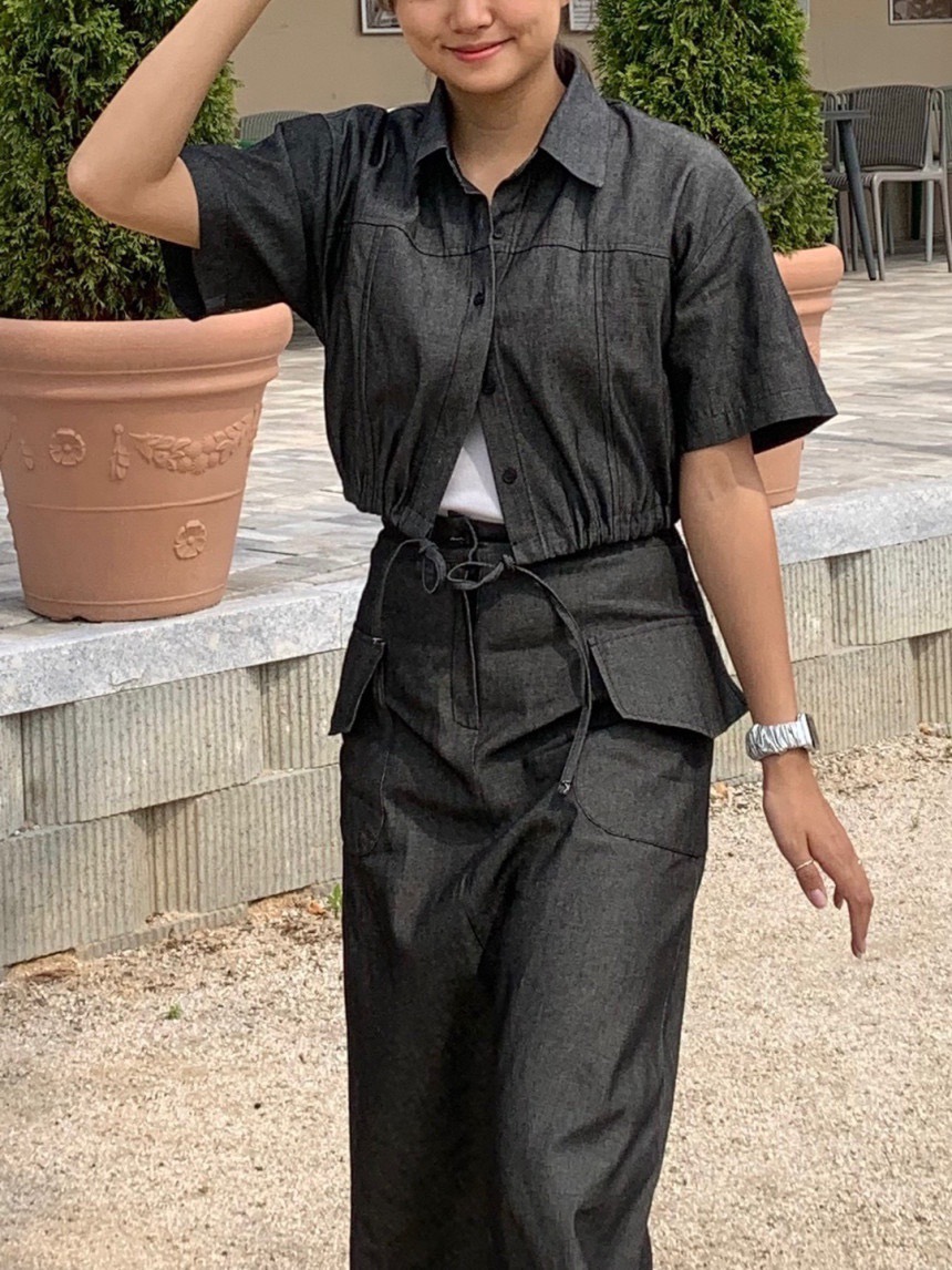 BONHEUR直郵韓國代購女裝新款人氣熱賣襯衫蕾絲衫牛仔布短款CHARMING襯衫/蕾絲衫圖色2
