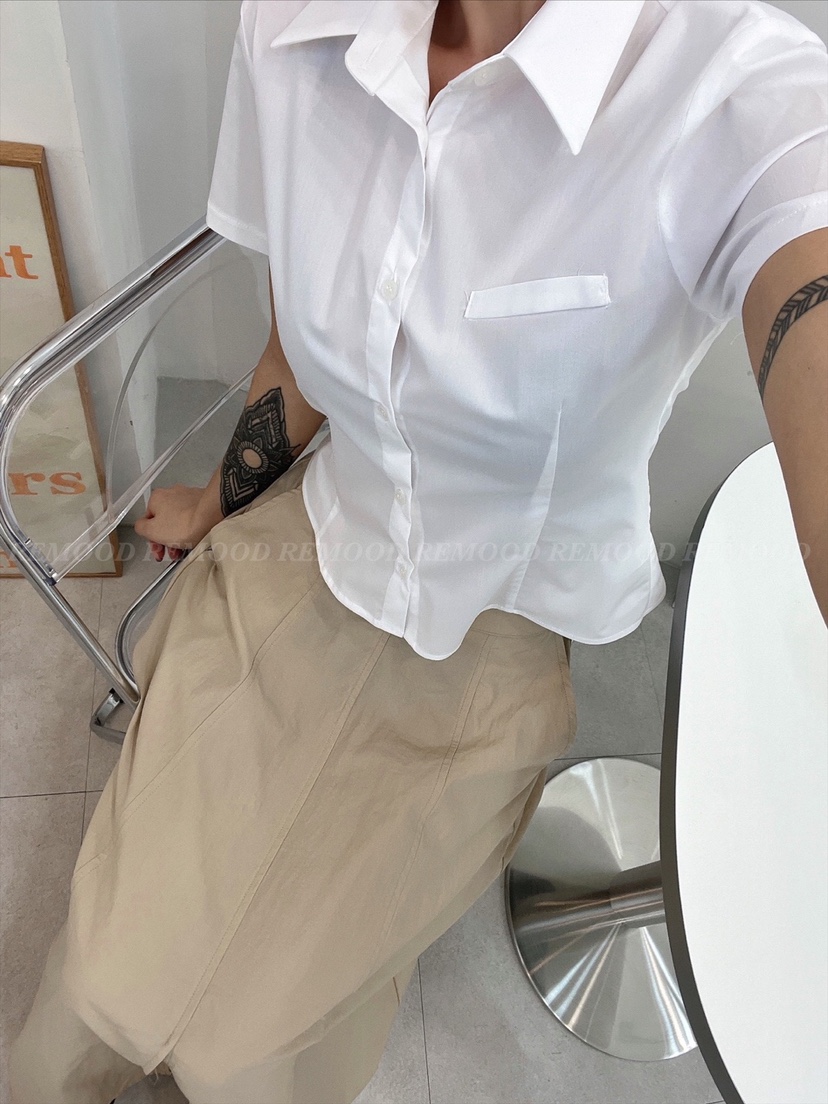 REMOOD直郵韓國代購女裝新款熱賣休閑人氣真品襯衫蕾絲衫口袋FRENCH DOOR襯衫/蕾絲衫