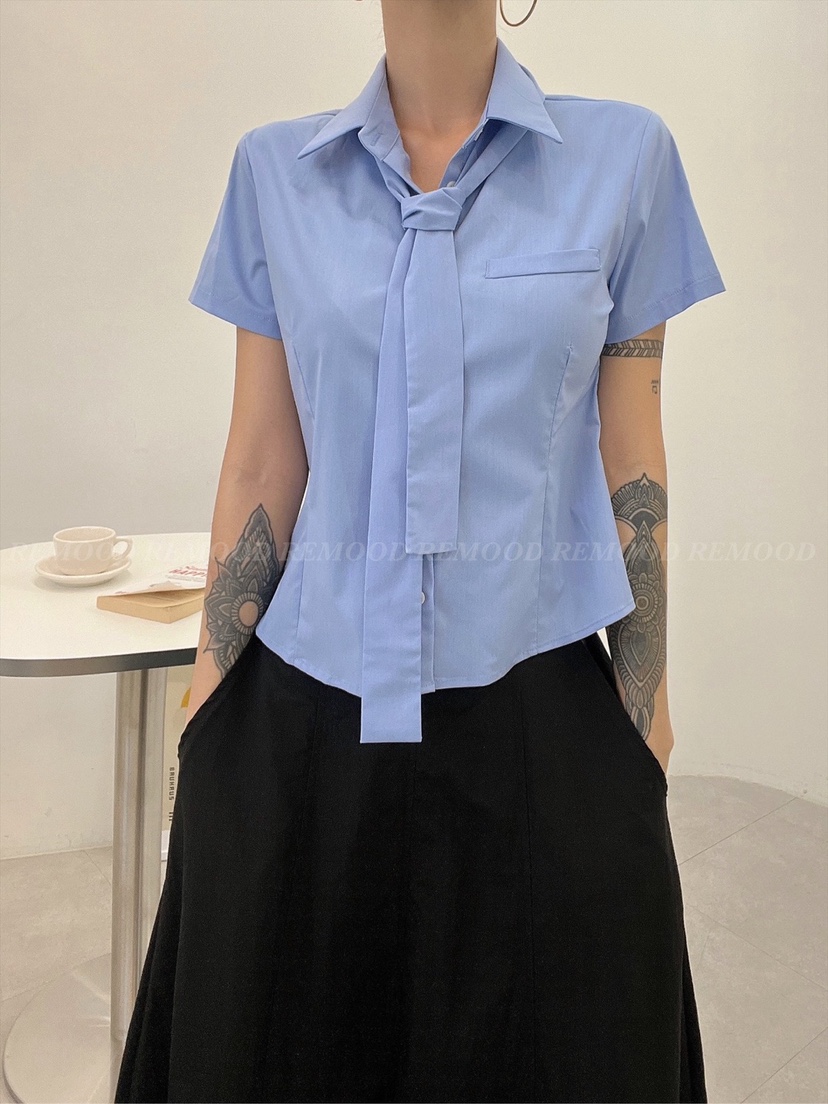 REMOOD直郵韓國代購女裝新款熱賣休閑人氣真品襯衫蕾絲衫口袋FRENCH DOOR襯衫/蕾絲衫
