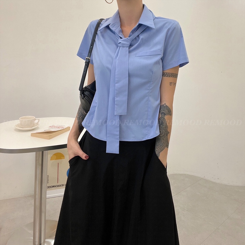 REMOOD直郵韓國代購女裝新款熱賣休閑人氣真品襯衫蕾絲衫口袋FRENCH DOOR襯衫/蕾絲衫