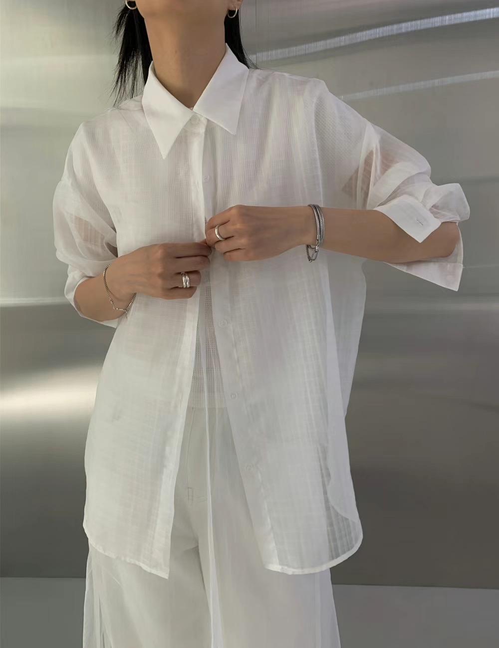 DOUBLE韓國直郵東大門代購女裝新品24秋夏時尚襯衫蕾絲衫DOUBLE襯衫/蕾絲衫