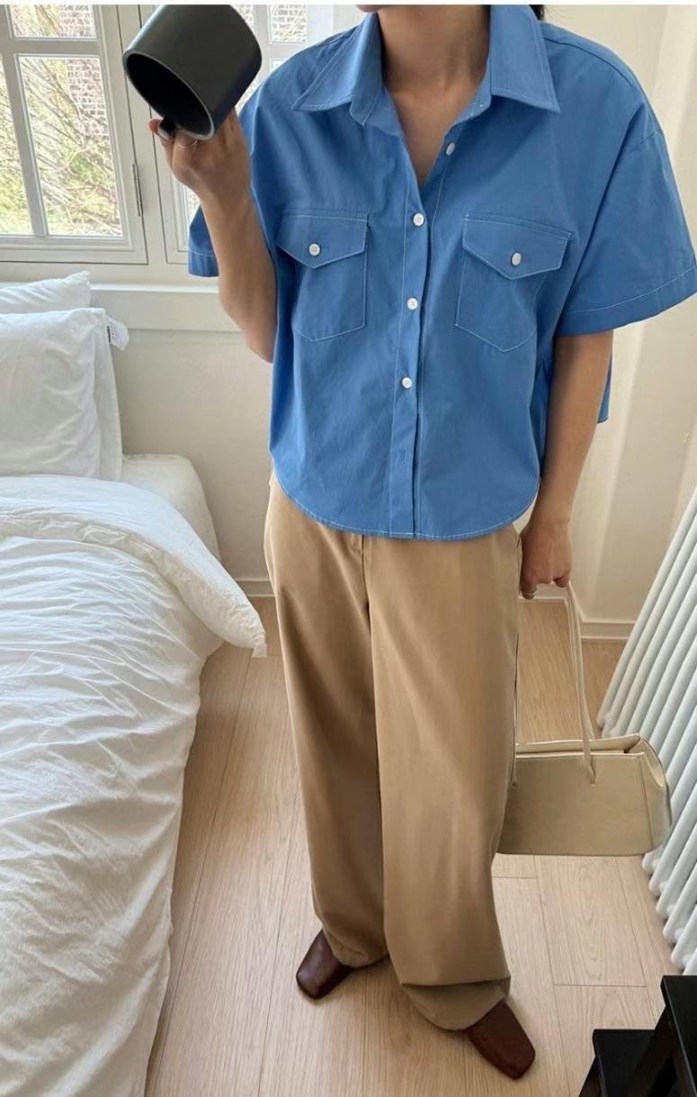 YUNI YUNI直郵韓國代購女裝新款推薦時尚人氣襯衫蕾絲衫口袋YUNI YUNI襯衫/蕾絲衫