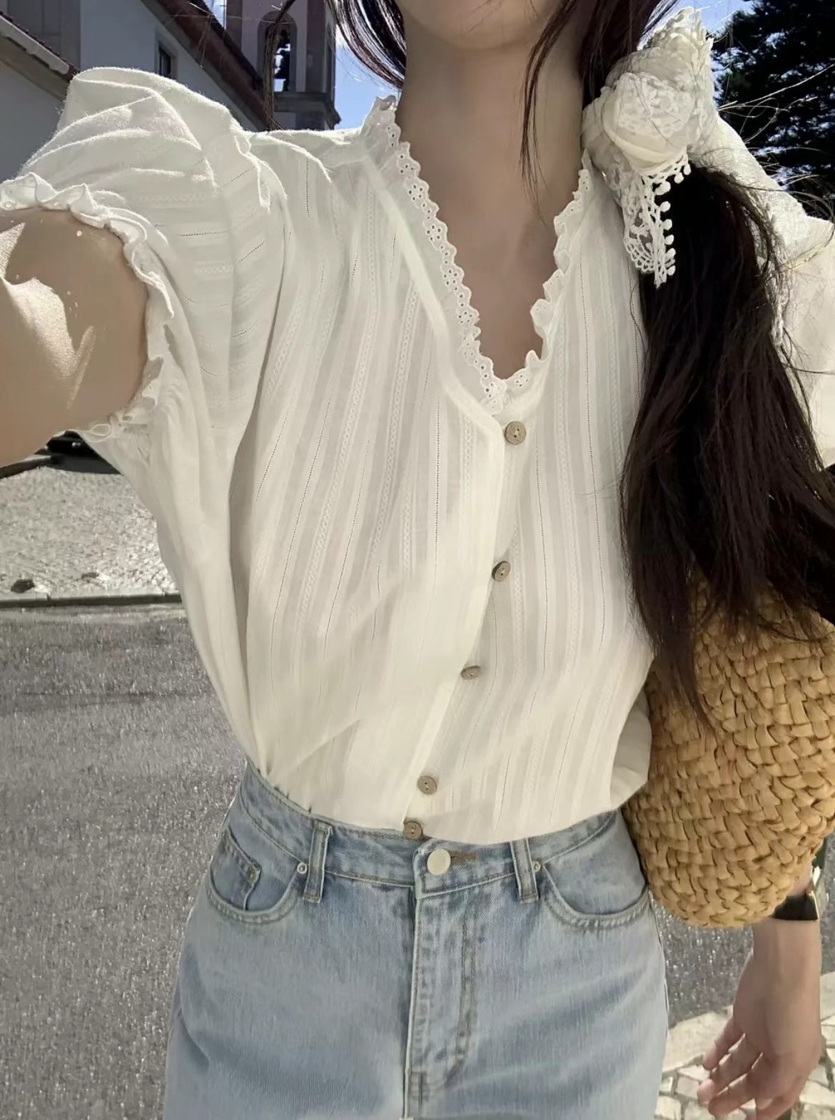 APPEAR韓國直郵女士新品休閑24秋夏職業時尚襯衫蕾絲衫蕾絲APPEAR襯衫/蕾絲衫