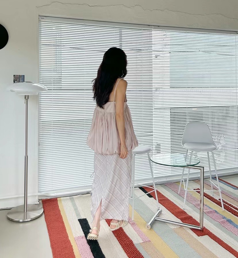 WHERELL直郵韓國代購女裝新品時尚24秋夏真品職業長裙格紋FORUS長裙