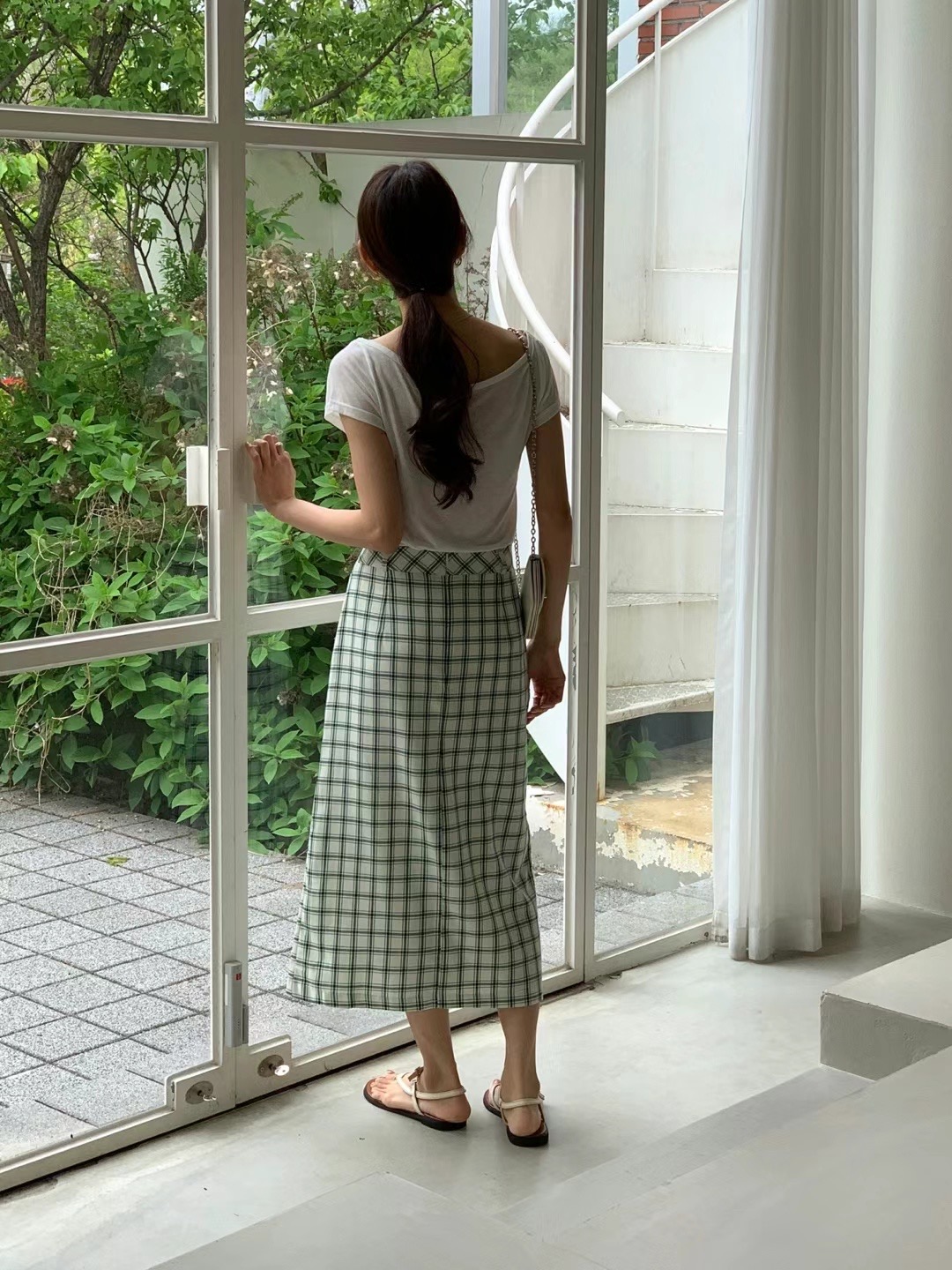 POLLEN東大門代購女士新款職業熱賣半身裙中短裙格紋半身裙POLLEN半身裙/中短裙