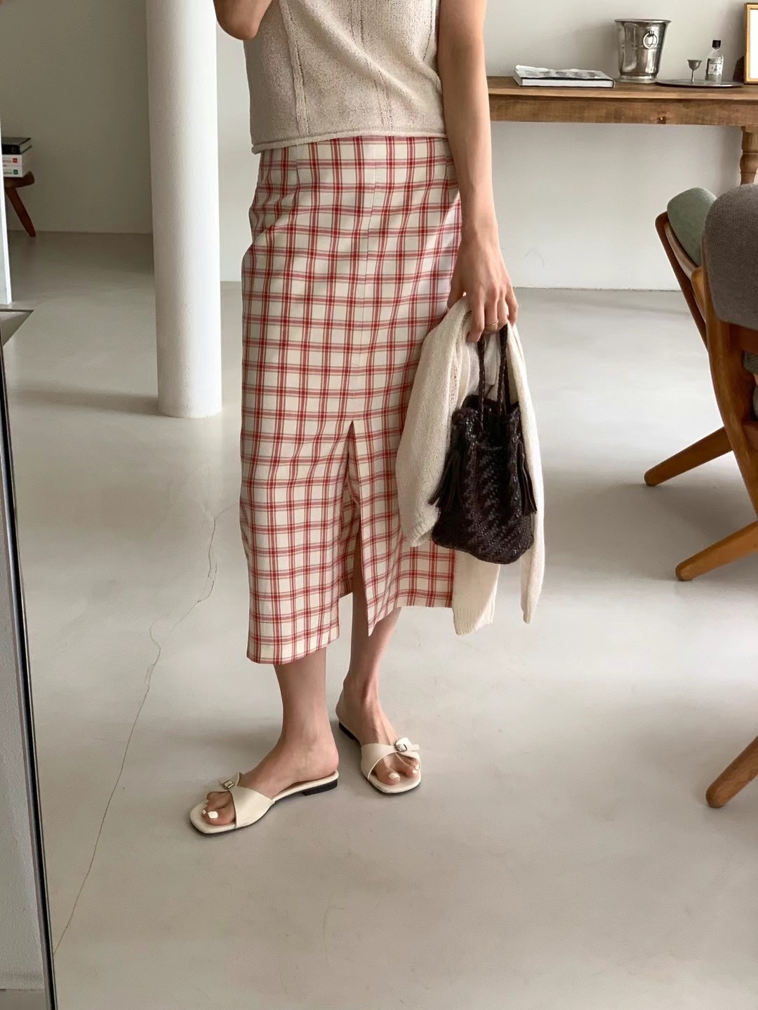 POLLEN東大門代購女士新款職業熱賣半身裙中短裙格紋半身裙POLLEN半身裙/中短裙圖色1