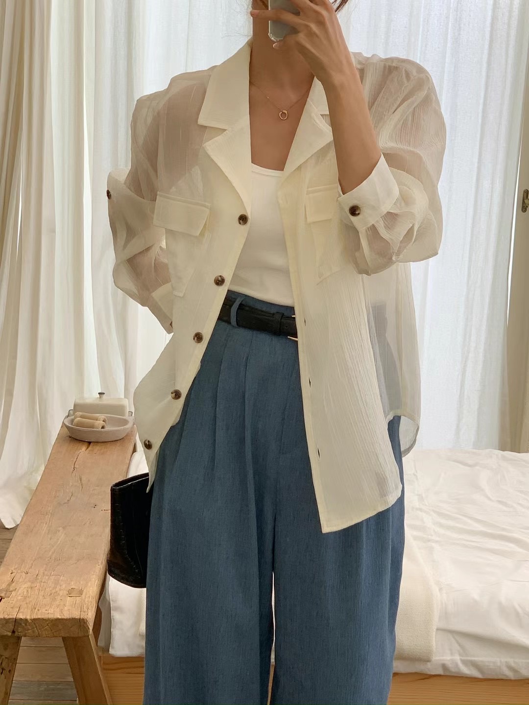 POLLEN東大門直郵女士新品休閑職業推薦人氣時尚襯衫蕾絲衫POLLEN襯衫/蕾絲衫圖色1