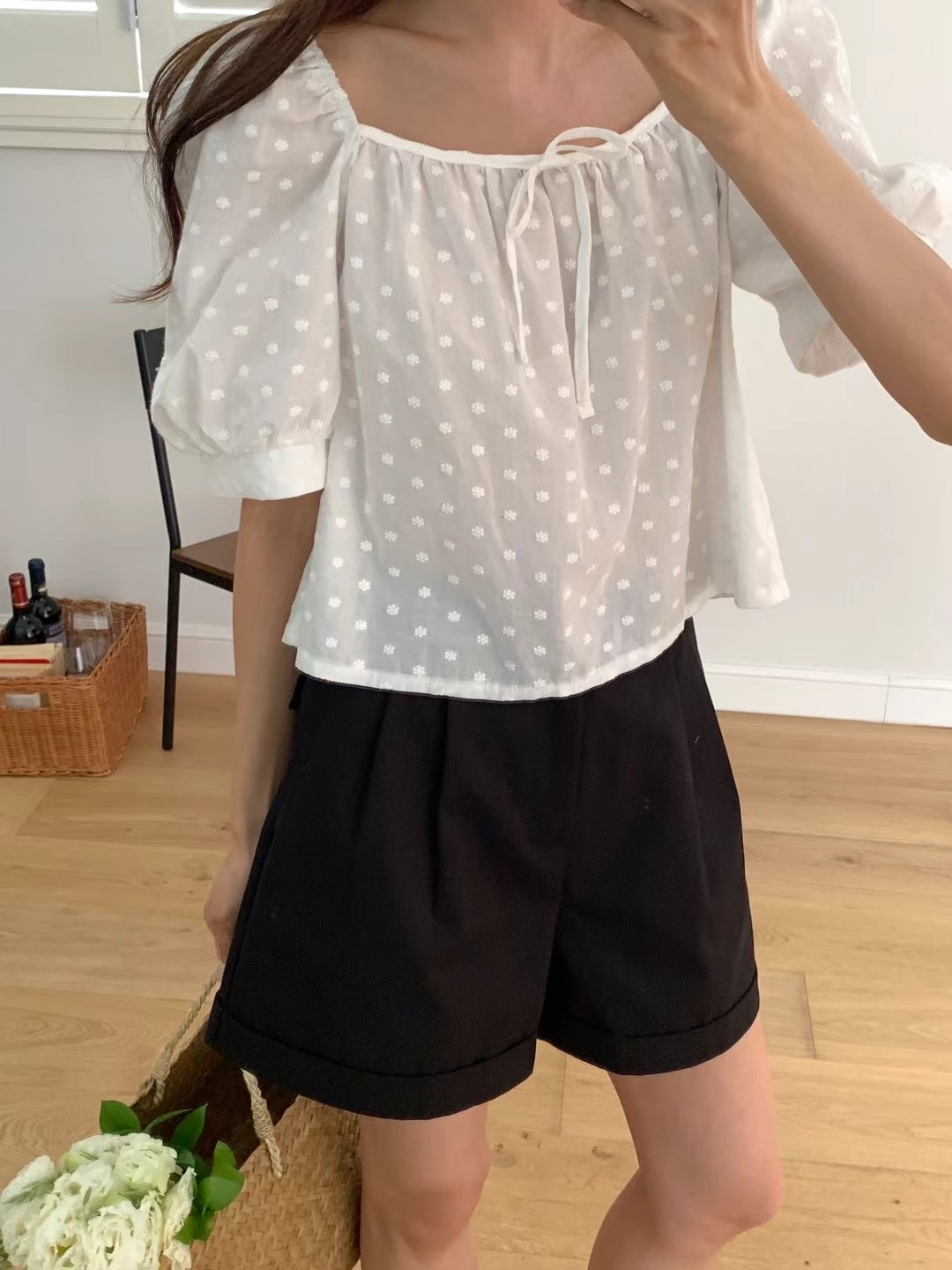 POLLEN東大門代購女士新品休閑24秋夏時尚襯衫蕾絲衫刺繡POLLEN襯衫/蕾絲衫