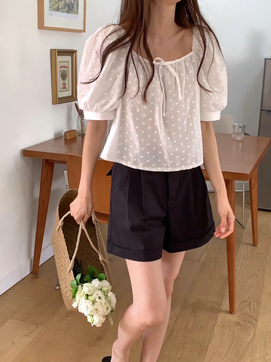 POLLEN東大門代購女士新品休閑24秋夏時尚襯衫蕾絲衫刺繡POLLEN襯衫/蕾絲衫