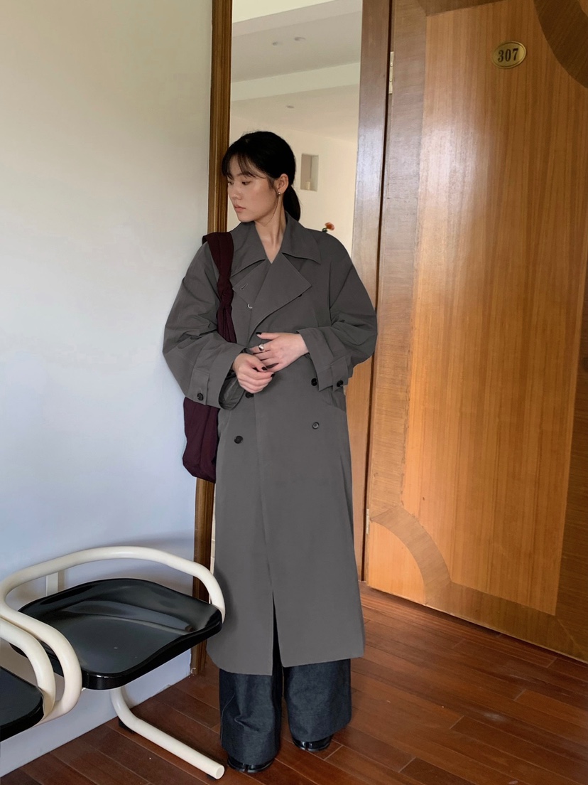 HER直郵韓國代購女裝新款休閑人氣推薦24秋冬真品長款風衣HER長款風衣