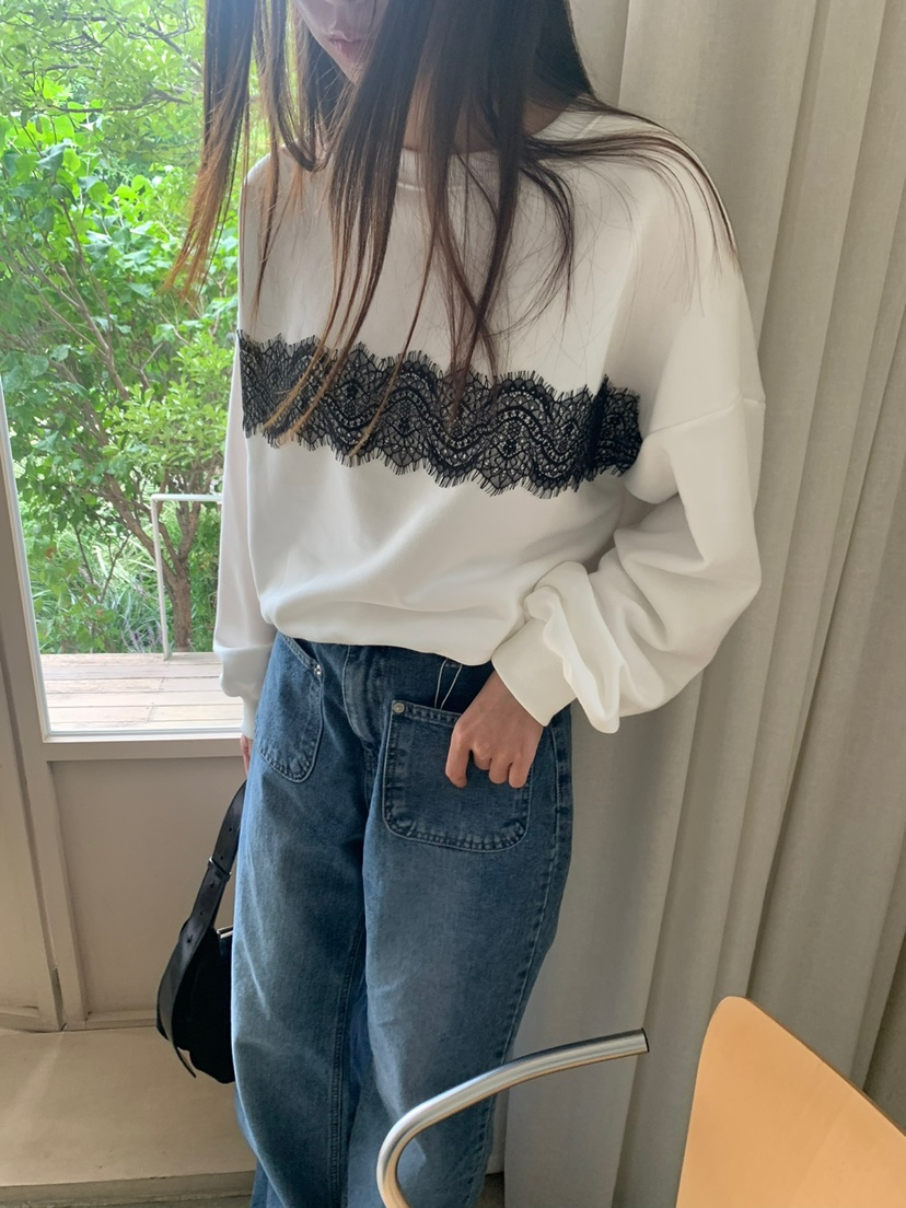 AS THOUGHT韓國直郵女裝新品職業熱賣24秋冬衛衣短款蕾絲AS THOUGHT衛衣