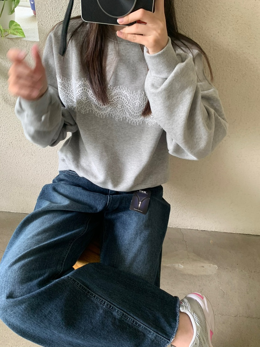 AS THOUGHT韓國直郵女裝新品職業熱賣24秋冬衛衣短款蕾絲AS THOUGHT衛衣