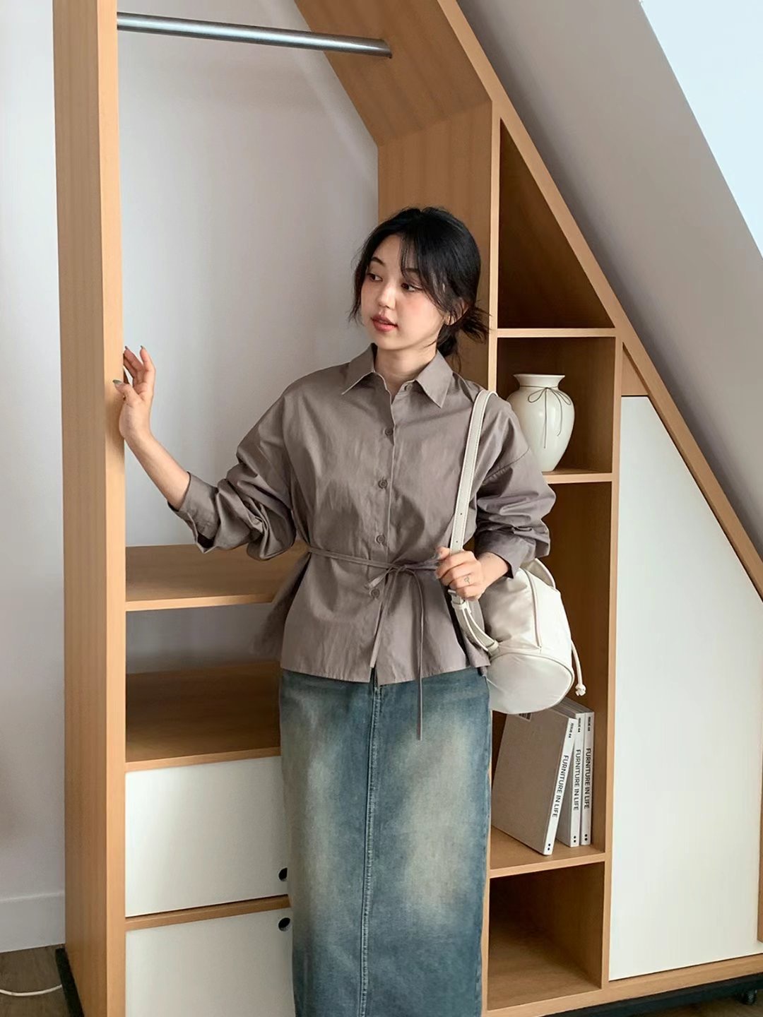THEGRACE直郵韓國代購女裝新款休閑推薦24秋冬襯衫蕾絲衫含腰繩THEGRACE襯衫/蕾絲衫圖色1