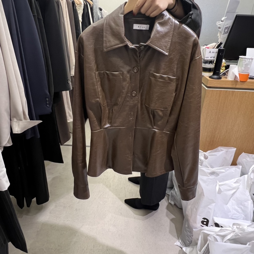 AMON直郵韓國代購女裝新款真品時尚推薦職業休閑24秋冬皮衣AMON皮衣