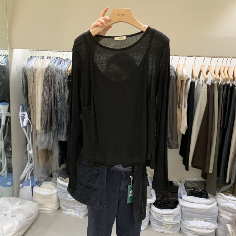 OPPER韓國直郵女裝新品真品熱賣人氣24秋冬長袖T恤假兩件羊毛OPPER-simplebeige長袖T恤圖色3
