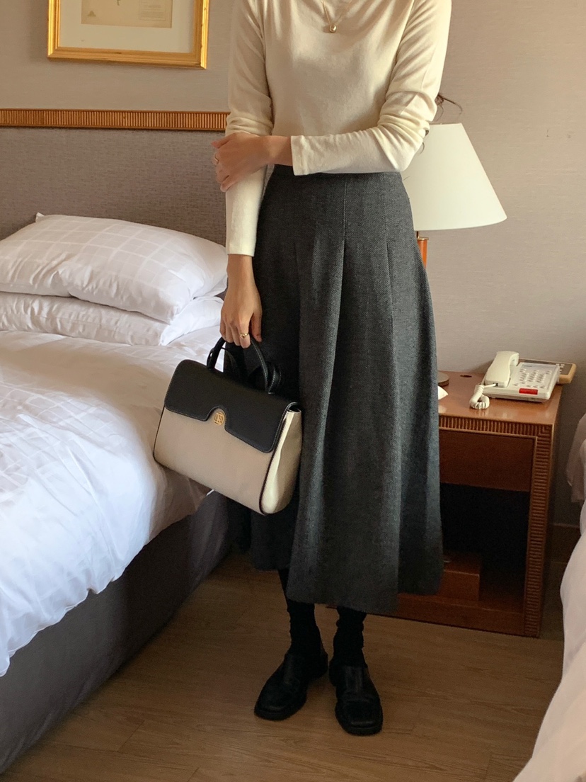 FRILL-T韓國直郵女裝新款時尚職業休閑24秋冬長裙人字紋FRILL-T長裙