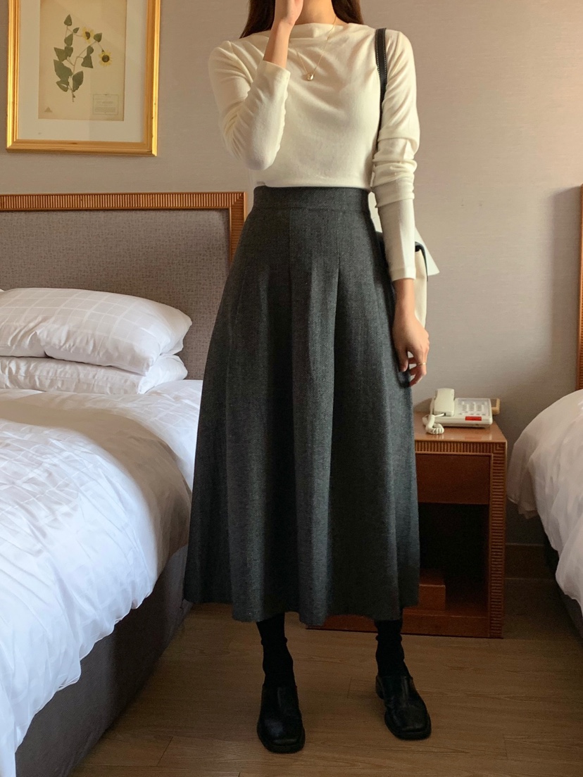 FRILL-T韓國直郵女裝新款時尚職業休閑24秋冬長裙人字紋FRILL-T長裙