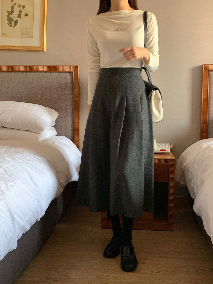FRILL-T韓國直郵女裝新款時尚職業休閑24秋冬長裙人字紋FRILL-T長裙