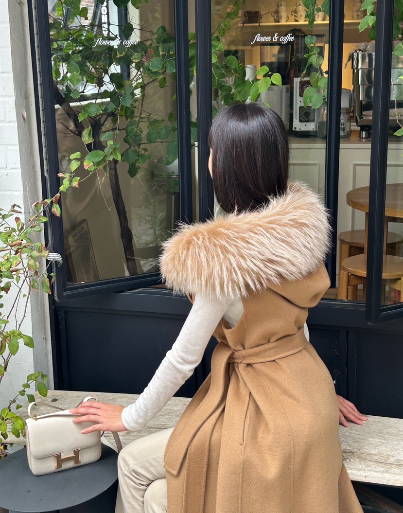 ON:UP直郵韓國代購女裝新款推薦中長款大衣手工制作浣熊兜帽ON:UP中長款大衣