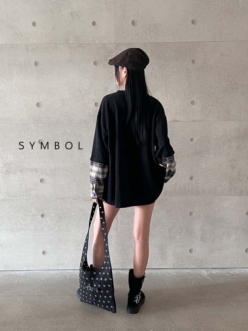 SYMBOL韓國直郵東大門實拍女裝新品休閑推薦職業長袖T恤格紋SYMBOL長袖T恤