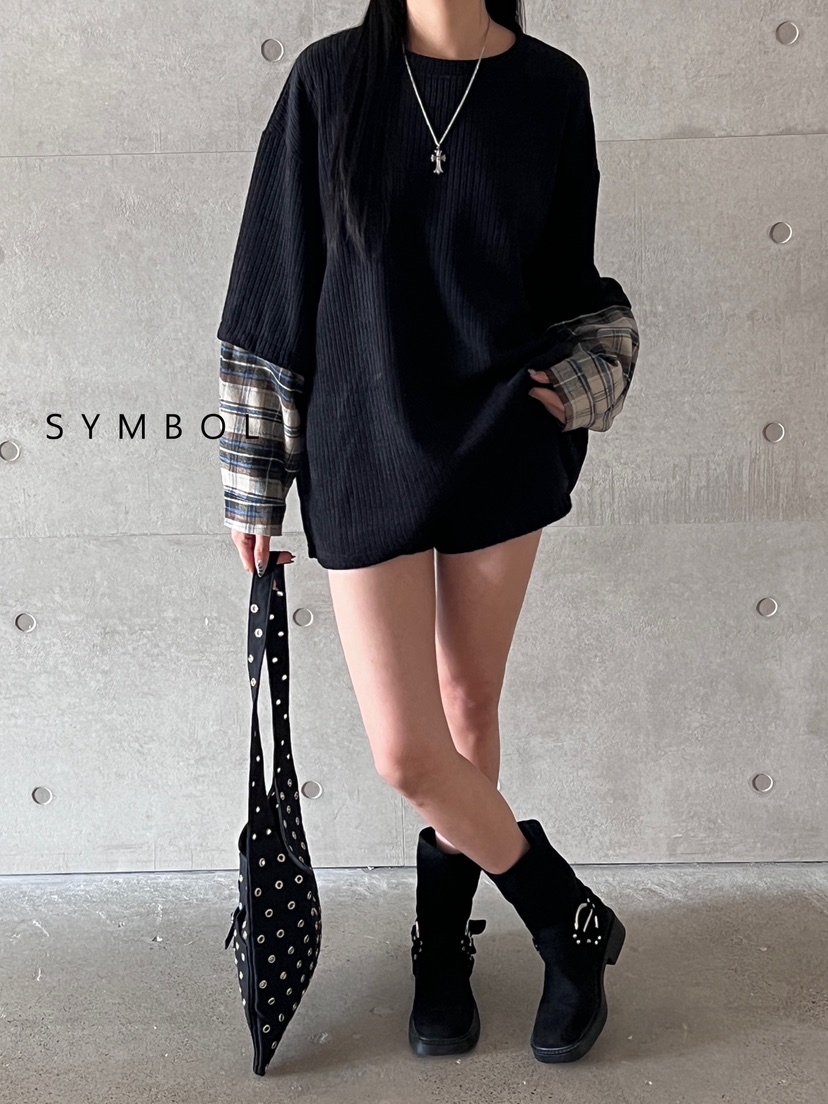 SYMBOL韓國直郵東大門實拍女裝新品休閑推薦職業長袖T恤格紋SYMBOL長袖T恤