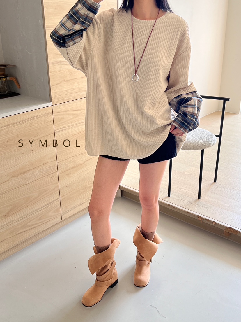 SYMBOL韓國直郵東大門實拍女裝新品休閑推薦職業長袖T恤格紋SYMBOL長袖T恤