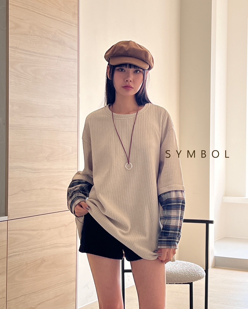 SYMBOL韓國直郵東大門實拍女裝新品休閑推薦職業長袖T恤格紋SYMBOL長袖T恤