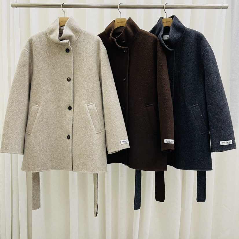 Match Studio直郵韓國代購女裝新品職業短款大衣含腰繩高領Match Studio短款大衣