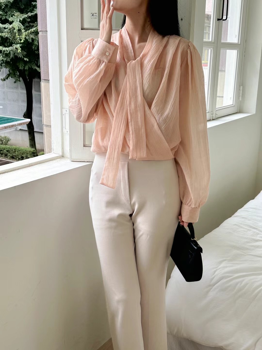 MARI韓國直郵東大門實拍女裝新品時尚熱賣襯衫蕾絲衫含脖帶RARASHOW襯衫/蕾絲衫