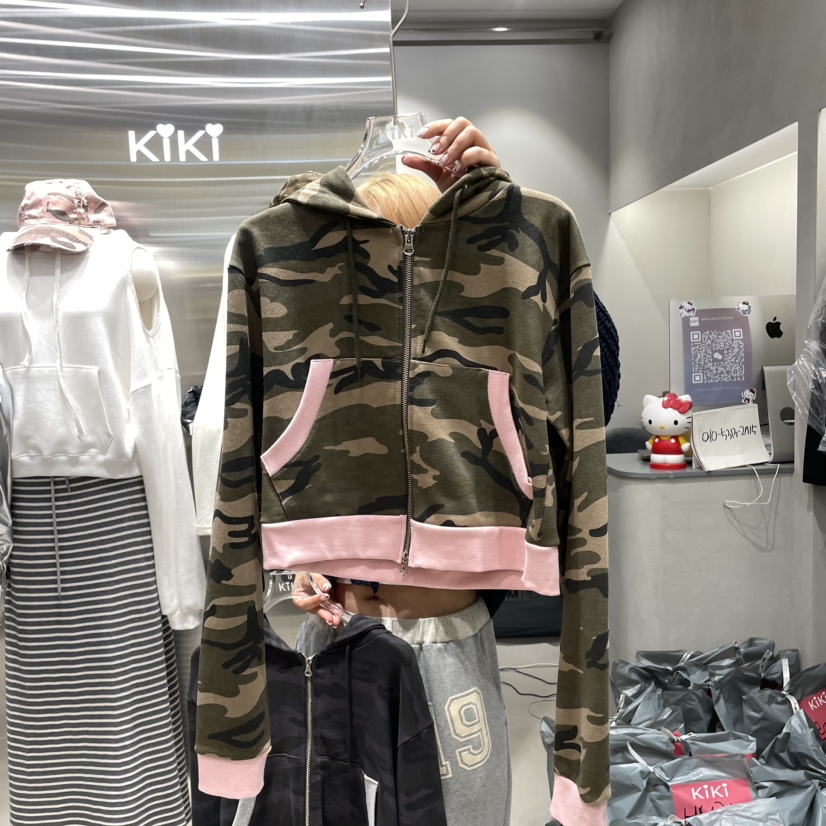 KiKi韓國直郵東大門代購女裝新品真品衛衣拉鏈迷彩短款連帽KIKI衛衣