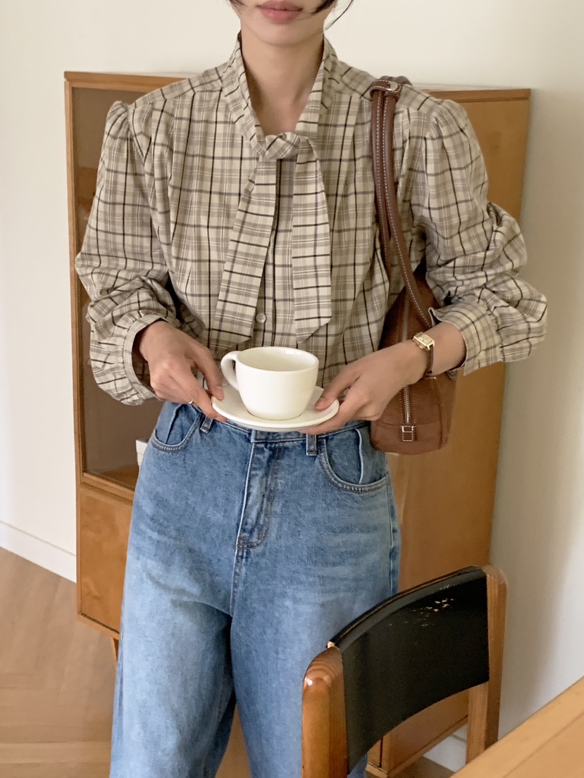 BOUND.A韓國直郵東大門代購女裝新款24秋冬襯衫蕾絲衫格子BOUND.A襯衫/蕾絲衫圖色1