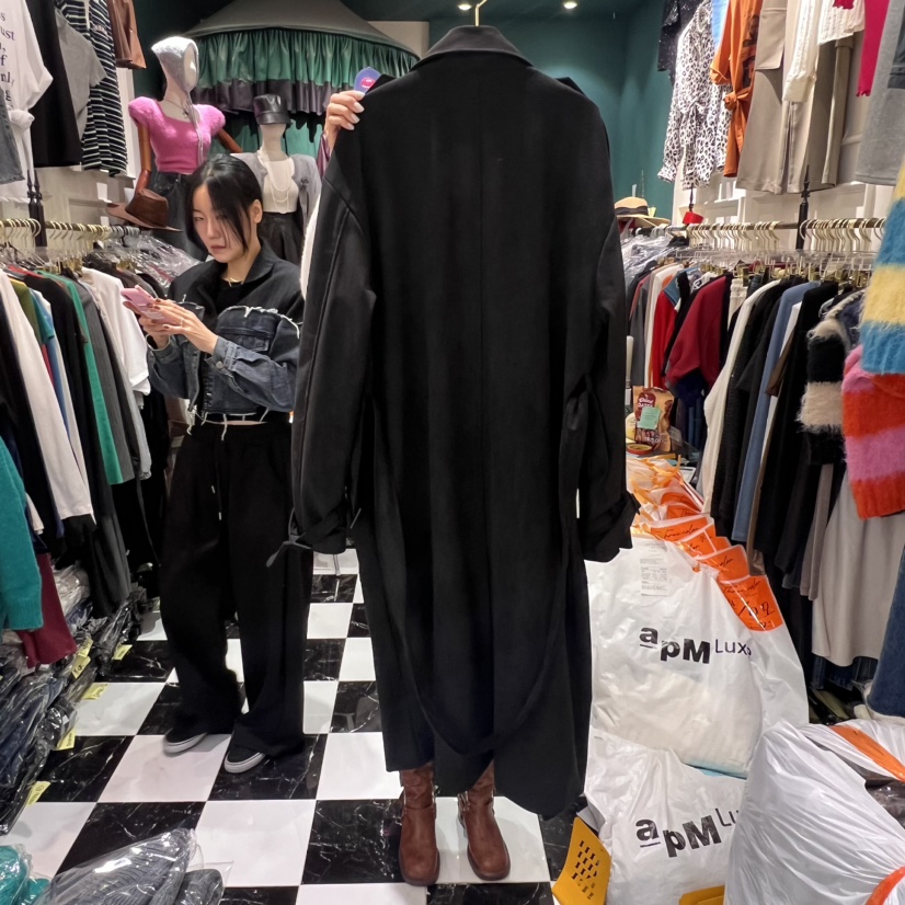 Three color韓國直郵東大門實拍女裝新品職業長款風衣含腰繩絨面革Three color長款風衣