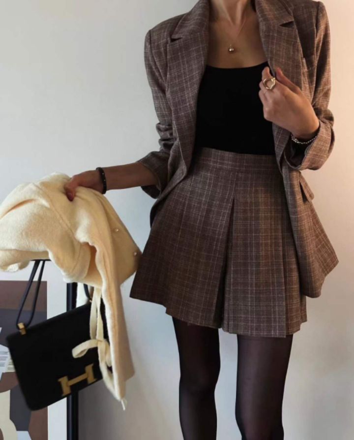 FRANKMIU直郵韓國代購女裝新品人氣職業休閑套裝兩件套格紋FEMME套裝