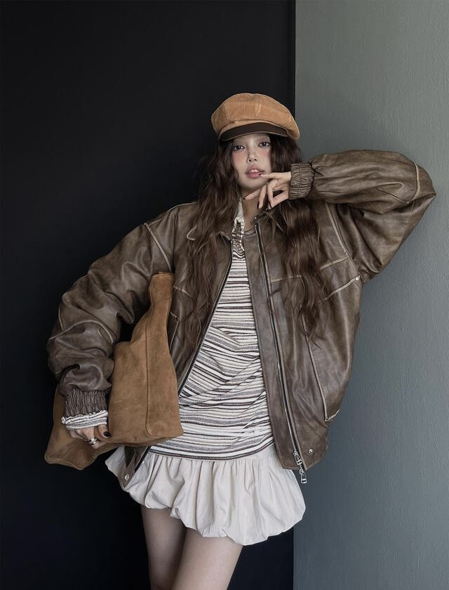 Our Wave/Our Room韓國直郵東大門實拍女裝新品職業短款棉服皮革Our Wave/Our Room短款棉服