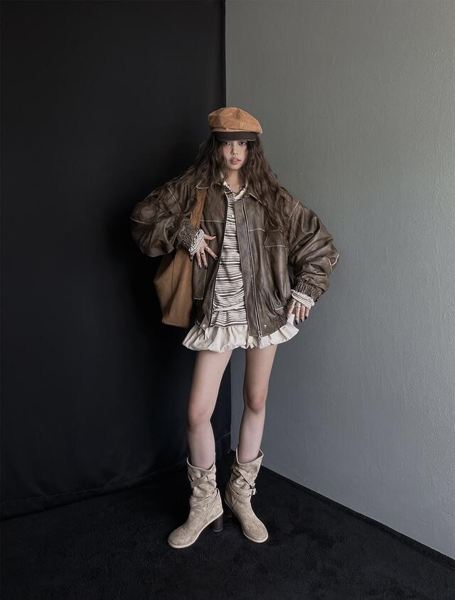 Our Wave/Our Room韓國直郵東大門實拍女裝新品職業短款棉服皮革Our Wave/Our Room短款棉服