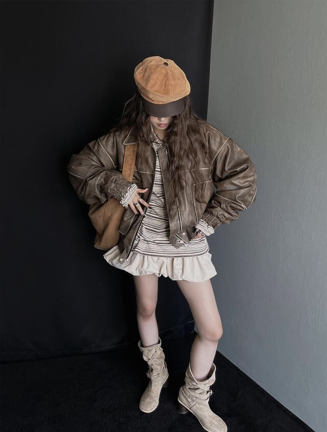 Our Wave/Our Room韓國直郵東大門實拍女裝新品職業短款棉服皮革Our Wave/Our Room短款棉服