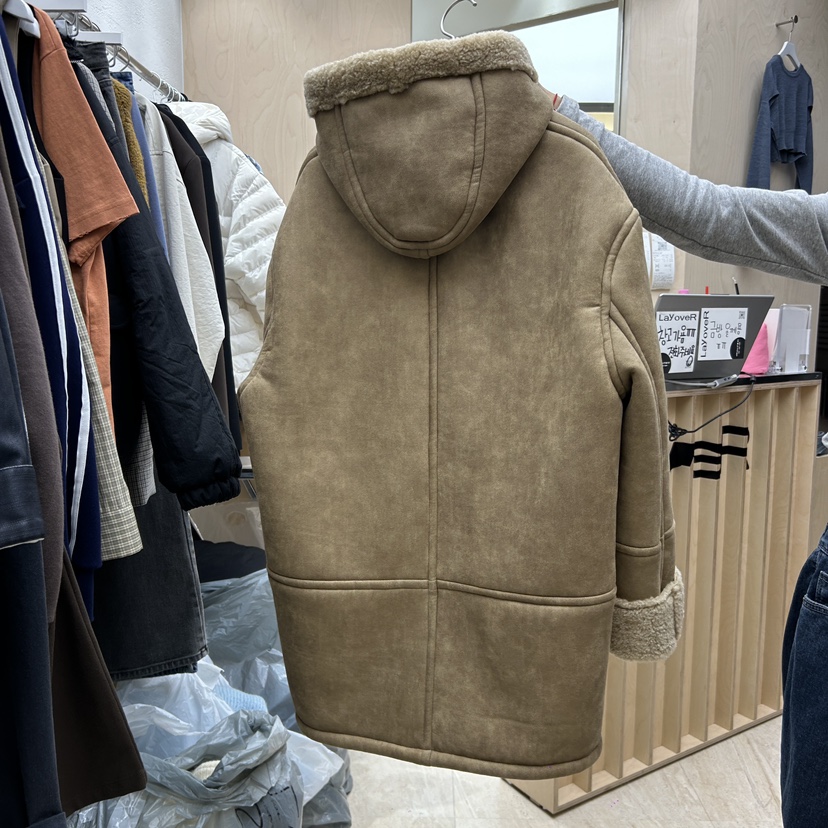 LaYoverR韓國直郵東大門實拍女裝新款職業休閑中長款大衣連帽E/E/E中長款大衣