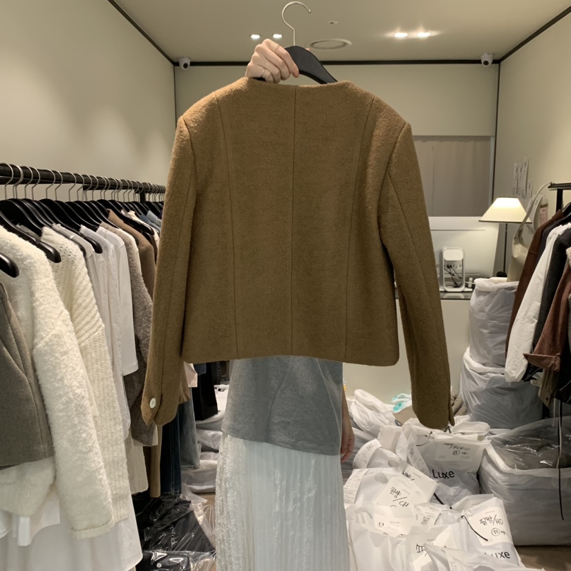 RE STOCK韓國直郵東大門實拍女裝新品熱賣休閑夾克口袋花呢RE STOCK夾克