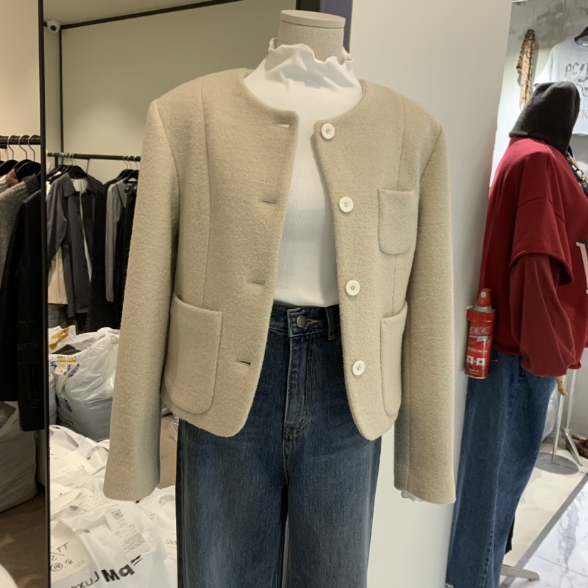 RE STOCK韓國直郵東大門實拍女裝新品熱賣休閑夾克口袋花呢RE STOCK夾克